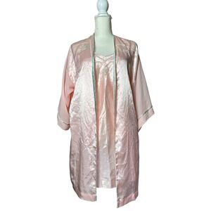 Vintage Val Mode Lingerie Set Pink Robe‎ & Slip Dress Floral Embroidery